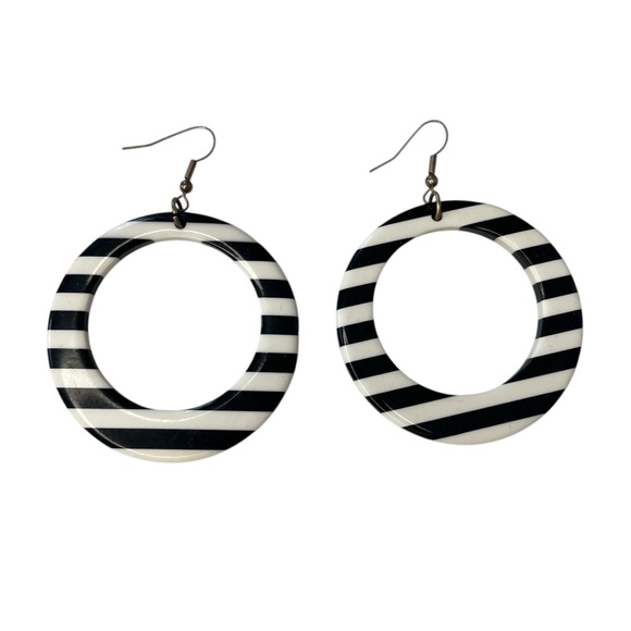 Vintage art deco hollow circle dangle earrings black and white striped 3" drop - Picture 2 of 4